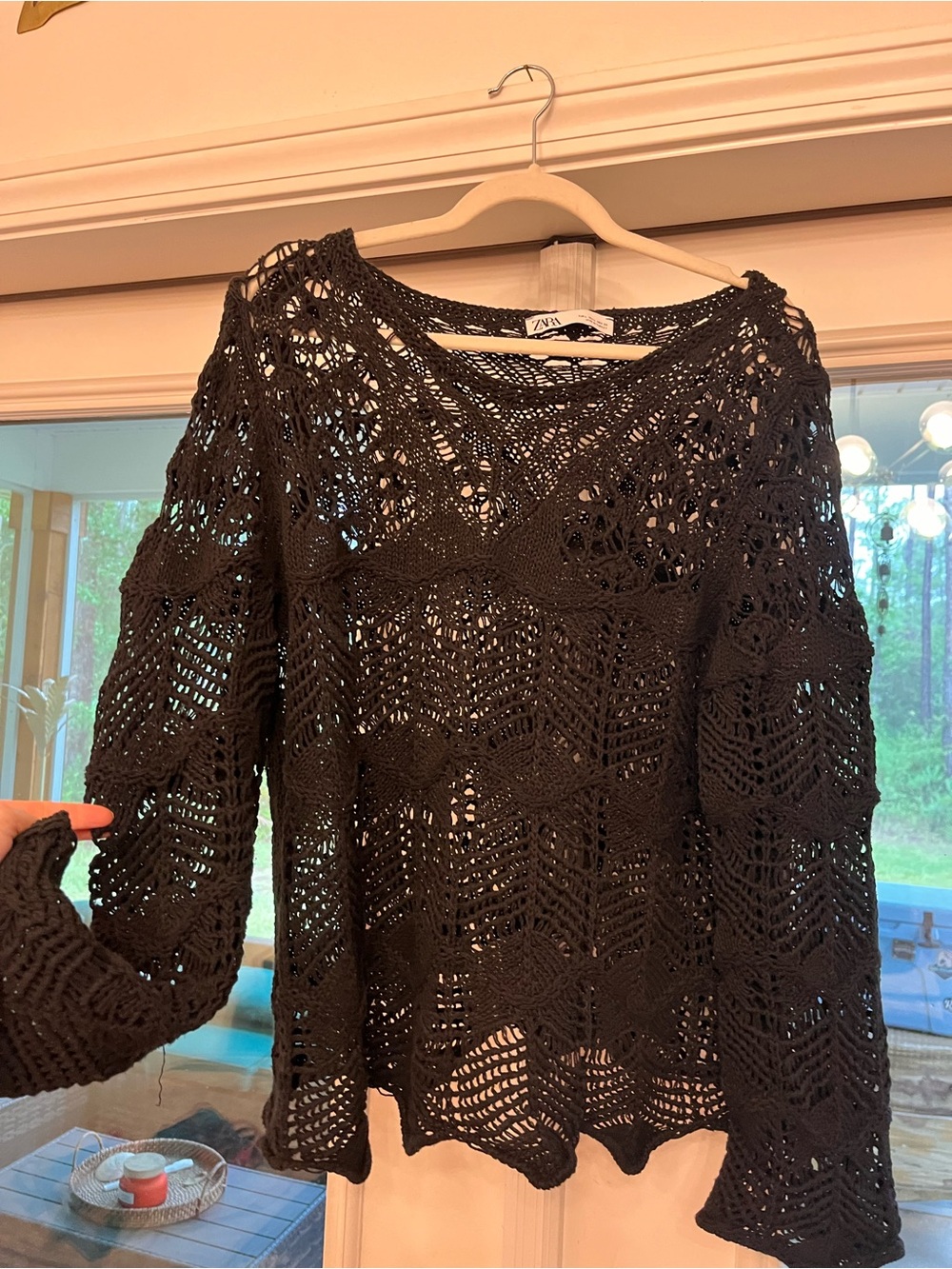 Zara Black Open Knit Crochet Sweater Cover-Up Size L